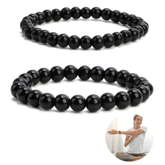 2 Noir Obsidienne Bracelet, Bracelet perle ronde Obsidienne Noire Perles Rondes en Cristal Bracelet Bracelet noire Ajustable pour Femmes Hommes Personnalisée À La Main Cadeau Anniversaire